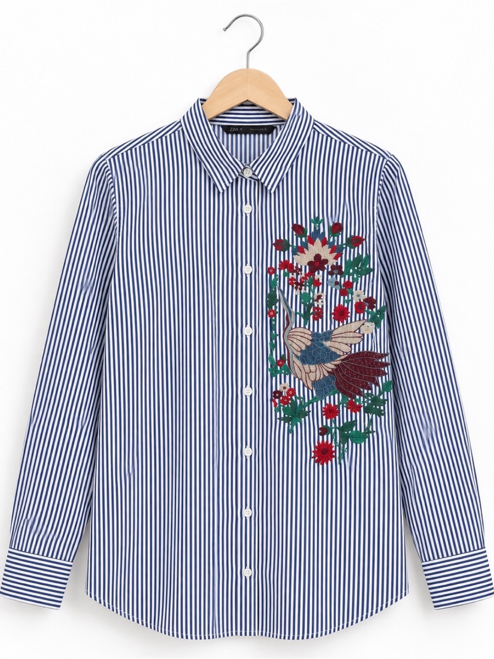 Zara Blue and White Striped Button-Down with Embroidered Floral & Bird Motif